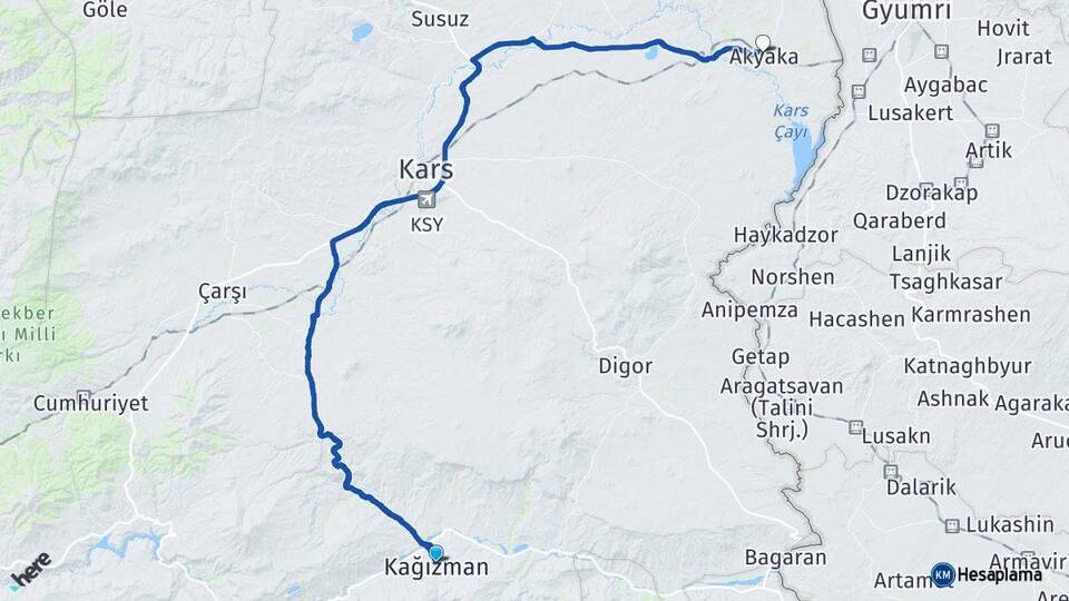 Kars Kağızman Akyaka Arası Kaç Km - Yol Haritası