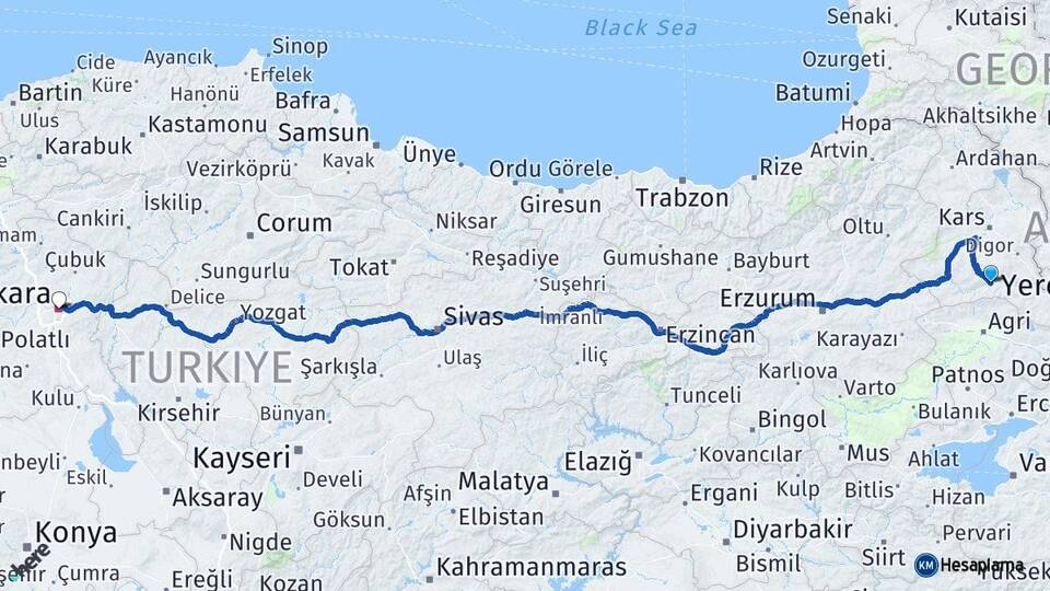 Kars Kağızman Ankara Arası Kaç Km - Yol Haritası