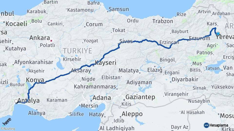 Kars Kağızman Antalya Arası Kaç Km - Yol Haritası