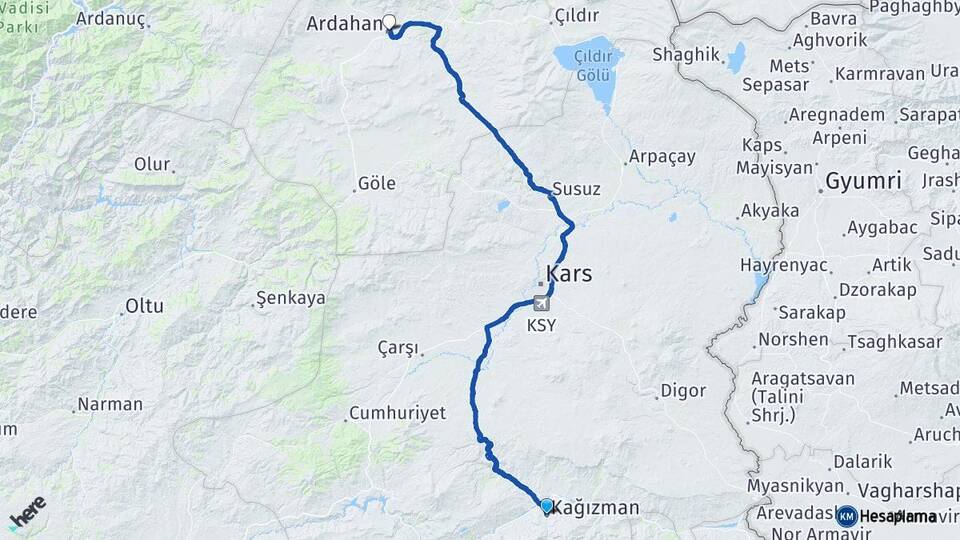 Kars Kağızman Ardahan Arası Kaç Km - Yol Haritası