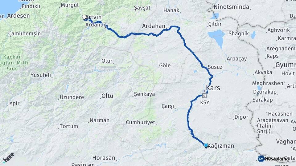 Kars Kağızman Artvin Arası Kaç Km - Yol Haritası