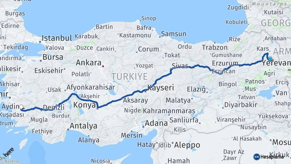 Kars Kağızman Aydın Arası Kaç Km - Yol Haritası
