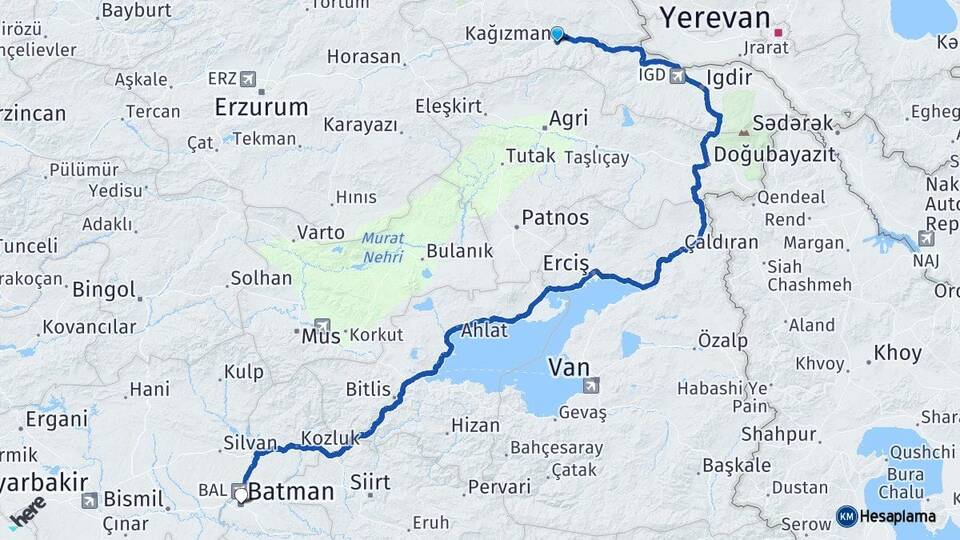 Kars Kağızman Batman Arası Kaç Km - Yol Haritası
