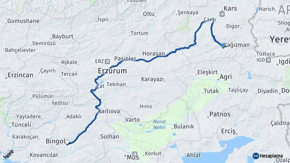 Kars Kağızman Bingöl Arası Kaç Km - Yol Haritası
