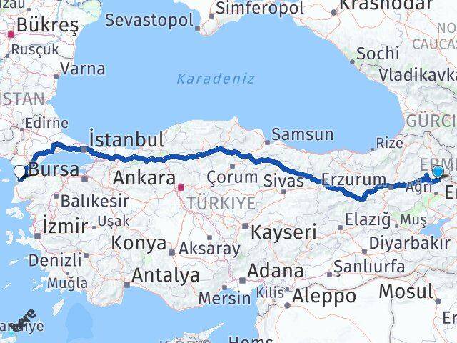 Kars Kağızman Çanakkale Arası Kaç Km - Yol Haritası