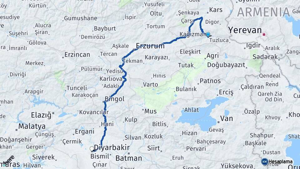 Kars Kağızman Diyarbakır Arası Kaç Km - Yol Haritası