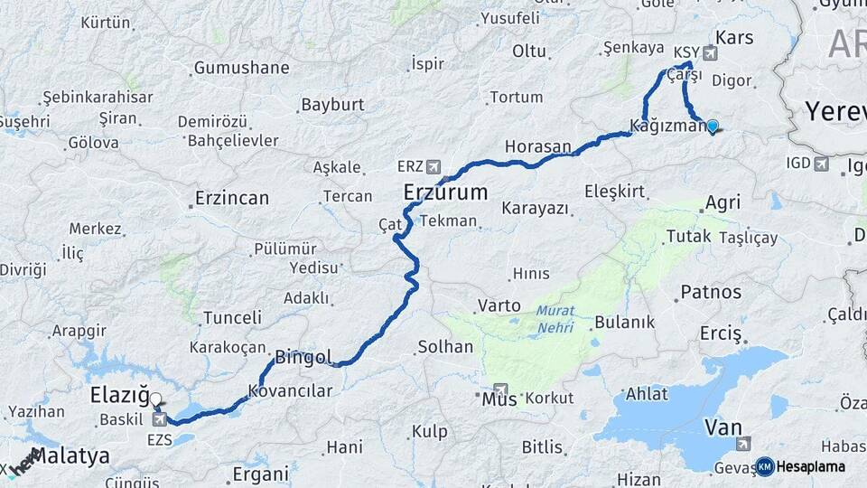 Kars Kağızman Elazığ Arası Kaç Km - Yol Haritası