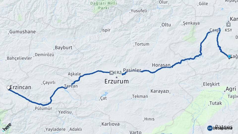 Kars Kağızman Erzincan Arası Kaç Km - Yol Haritası