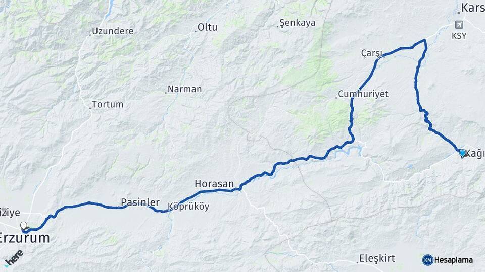 Kars Kağızman Erzurum Arası Kaç Km - Yol Haritası