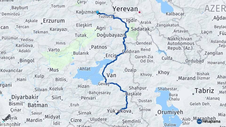 Kars Kağızman Hakkari Arası Kaç Km - Yol Haritası