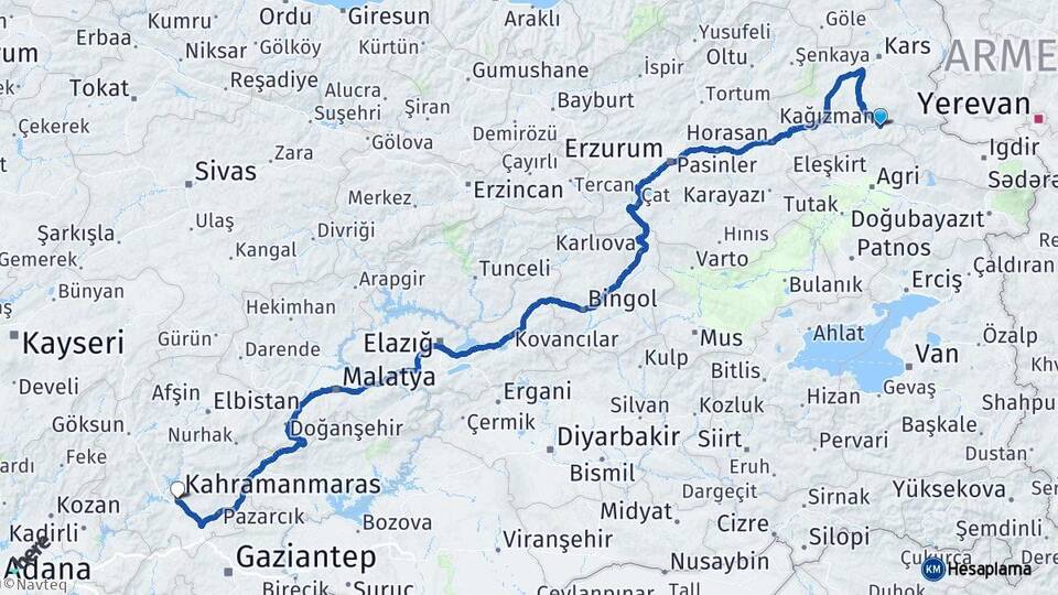 Kars Kağızman Kahramanmaraş Arası Kaç Km - Yol Haritası