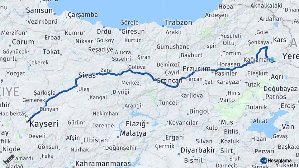 Kars Kağızman Kayseri Arası Kaç Km - Yol Haritası