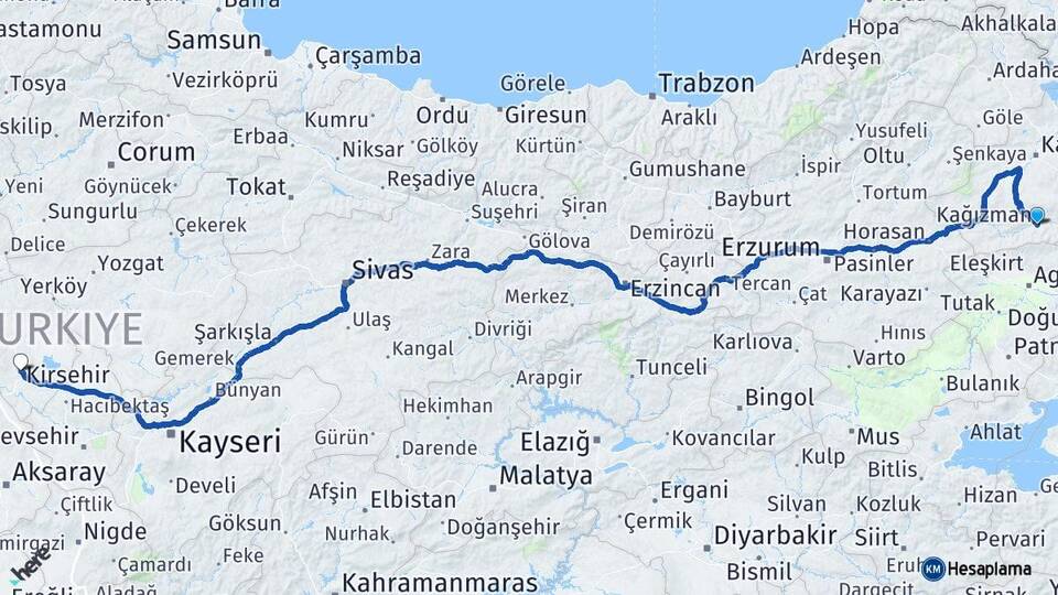 Kars Kağızman Kırşehir Arası Kaç Km - Yol Haritası