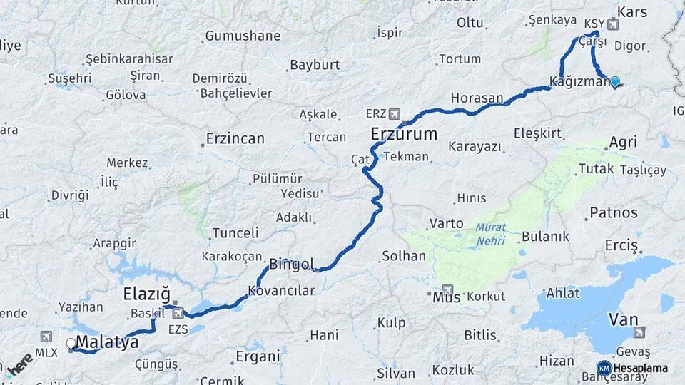 Kars Kağızman Malatya Arası Kaç Km - Yol Haritası