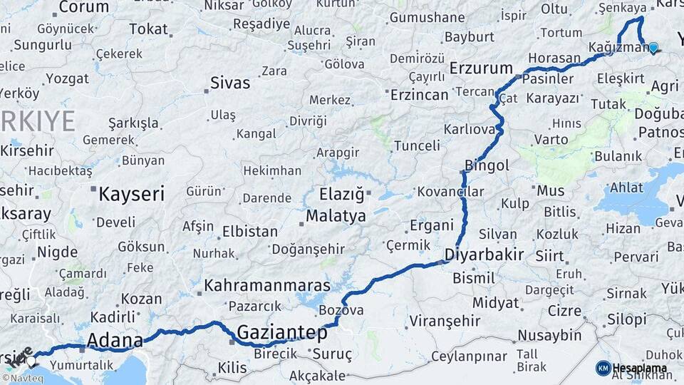 Kars Kağızman Mersin Arası Kaç Km - Yol Haritası