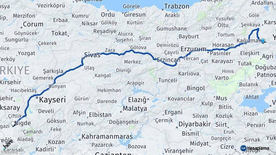 Kars Kağızman Niğde Arası Kaç Km - Yol Haritası
