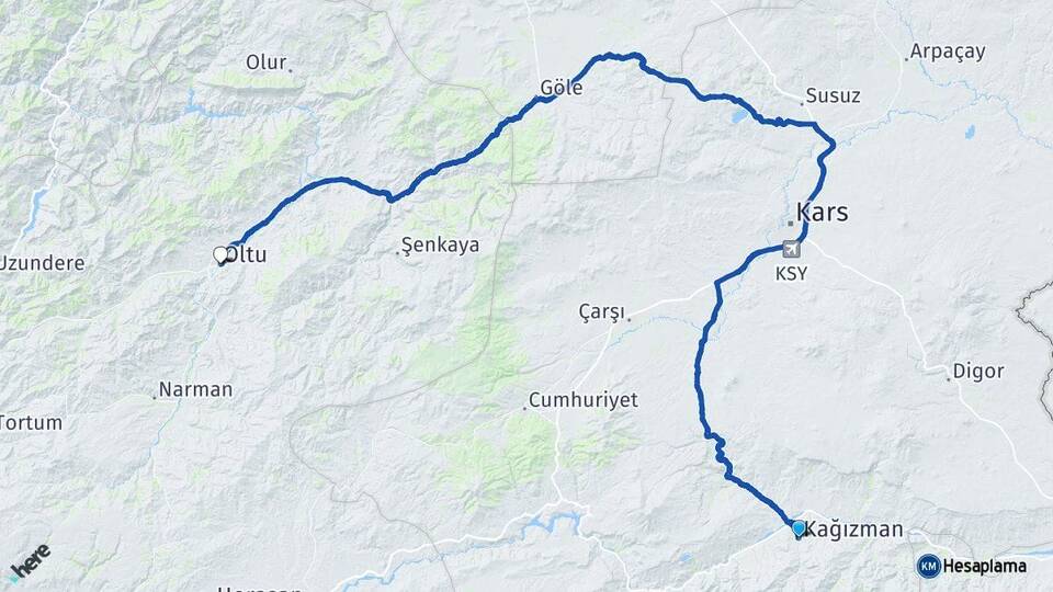 Kars Kağızman Oltu Erzurum Arası Kaç Km - Yol Haritası