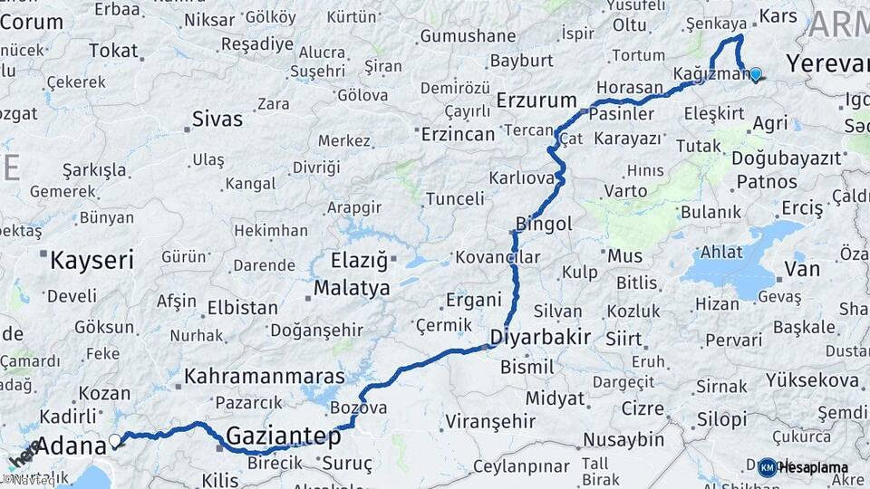 Kars Kağızman Osmaniye Arası Kaç Km - Yol Haritası