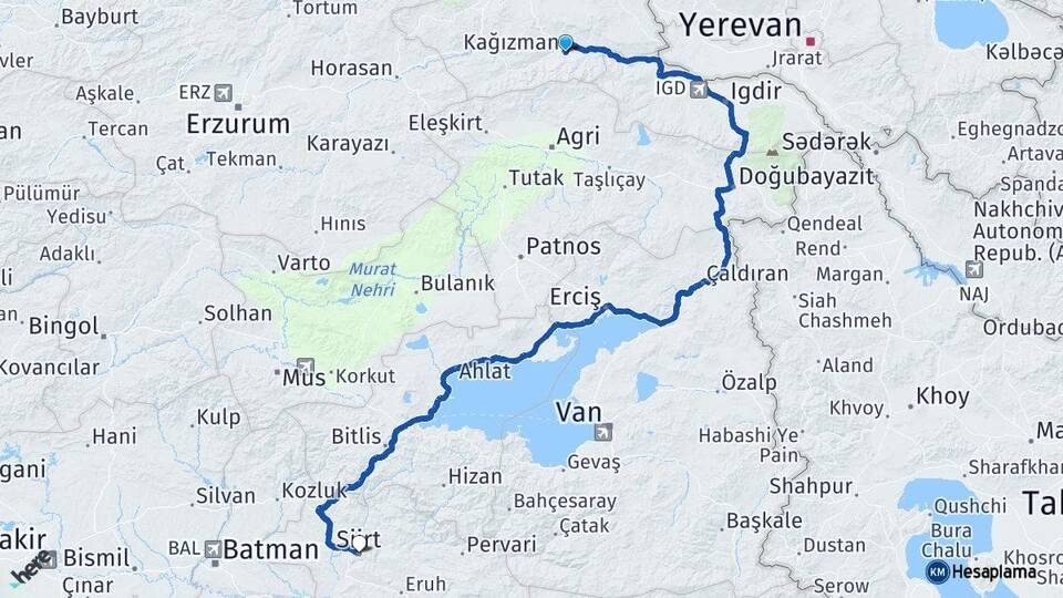 Kars Kağızman Siirt Arası Kaç Km - Yol Haritası