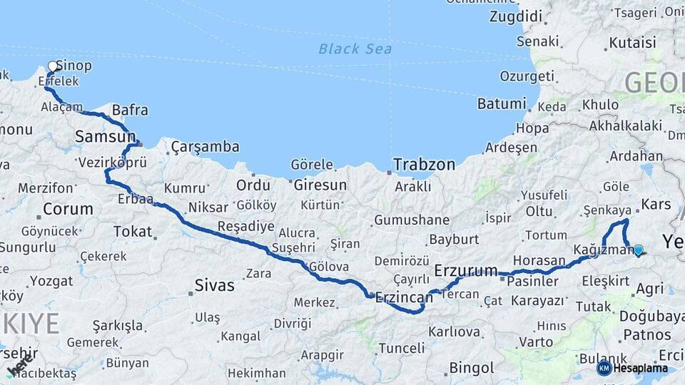 Kars Kağızman Sinop Arası Kaç Km - Yol Haritası