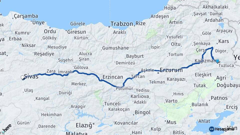 Kars Kağızman Sivas Arası Kaç Km - Yol Haritası