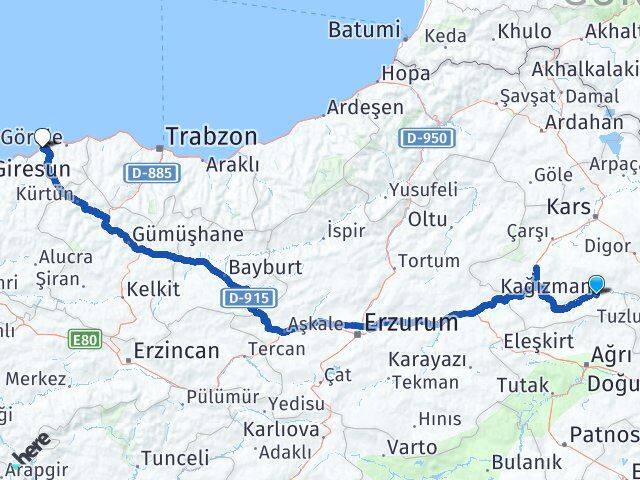 Kars Kağızman Tirebolu Giresun Arası Kaç Km - Yol Haritası