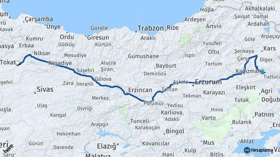 Kars Kağızman Tokat Arası Kaç Km - Yol Haritası