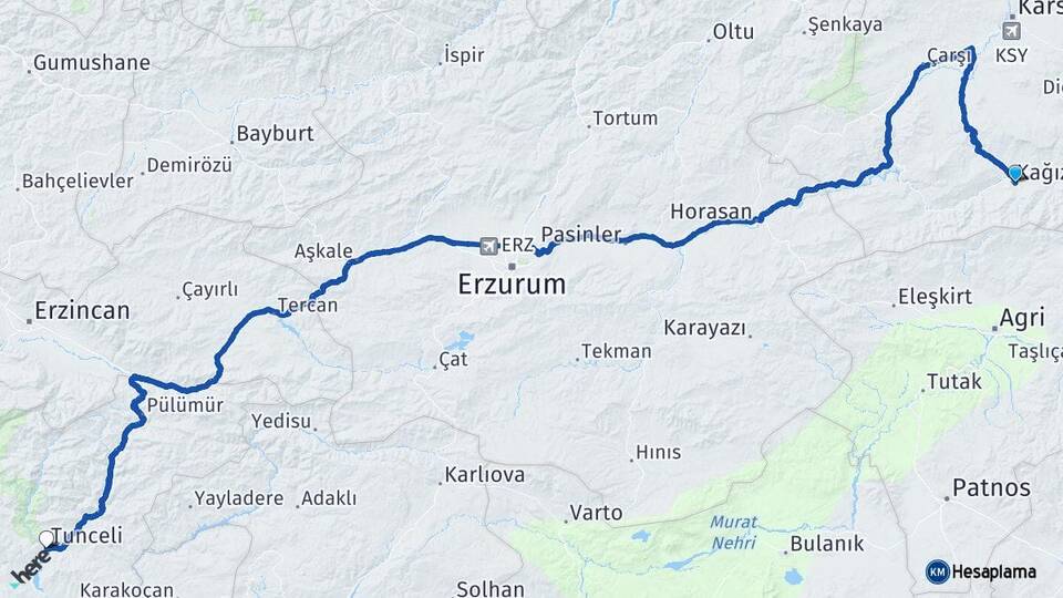 Kars Kağızman Tunceli Arası Kaç Km - Yol Haritası