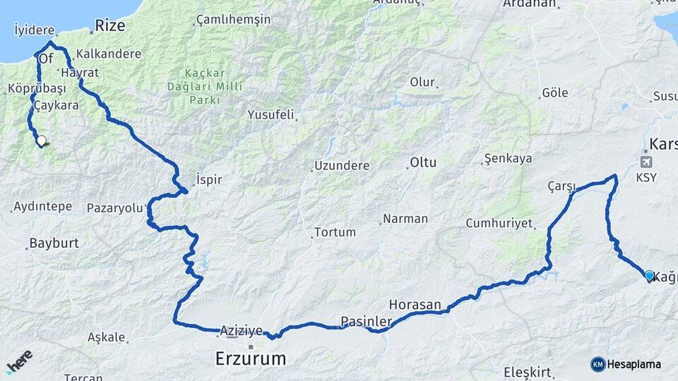 Kars Kağızman Uzungöl Çaykara Trabzon Arası Kaç Km - Yol Haritası