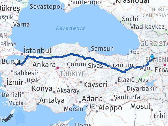Kars Karacabey Bursa Arası Kaç Km - Yol Haritası