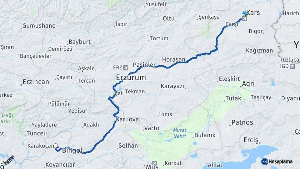 Kars Karakoçan Elazığ Arası Kaç Km - Yol Haritası