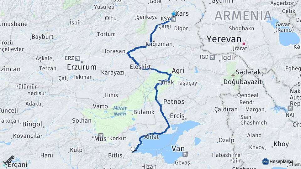 Kars Kars Harakani Havalimanı Arası Kaç Km - Yol Haritası