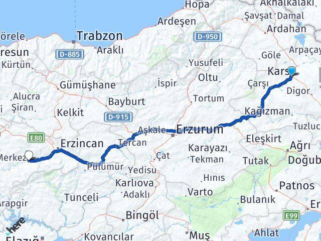 Kars Kemah Erzincan Arası Kaç Km - Yol Haritası