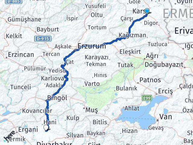 Kars Kocaköy Diyarbakır Arası Kaç Km - Yol Haritası