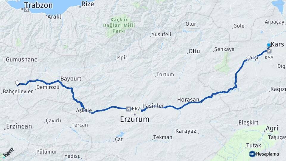 Kars Köse Gümüşhane Arası Kaç Km - Yol Haritası