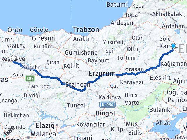 Kars Koyulhisar Sivas Arası Kaç Km - Yol Haritası