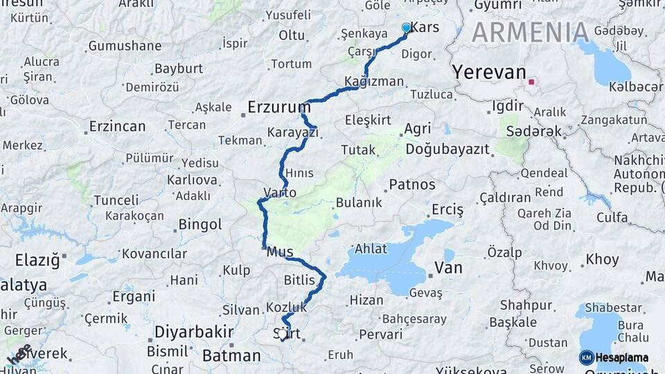 Kars Kurtalan Siirt Arası Kaç Km - Yol Haritası