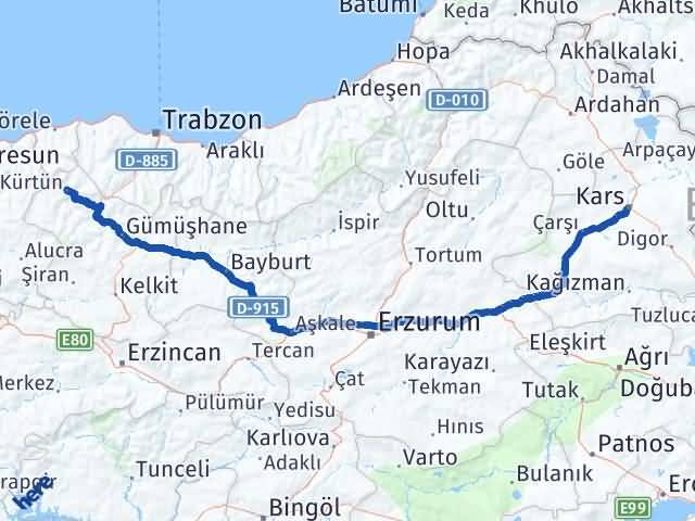 Kars Kürtün Gümüşhane Arası Kaç Km - Yol Haritası