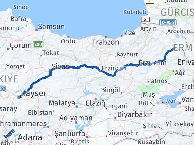 Kars Melikgazi Kayseri Arası Kaç Km - Yol Haritası