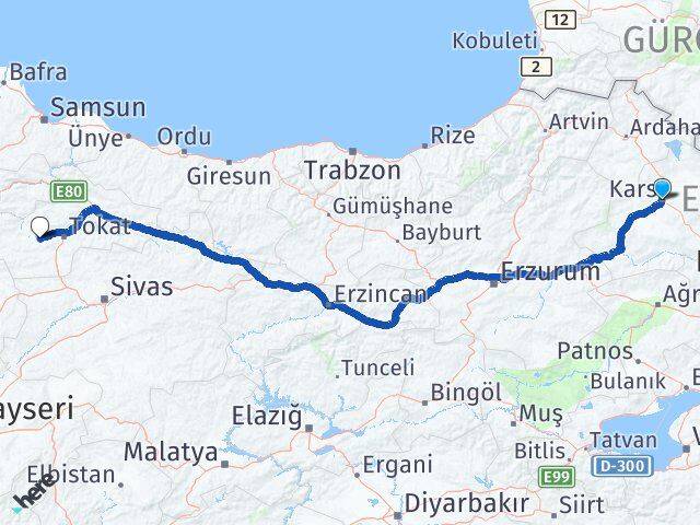Kars Pazar Tokat Arası Kaç Km - Yol Haritası