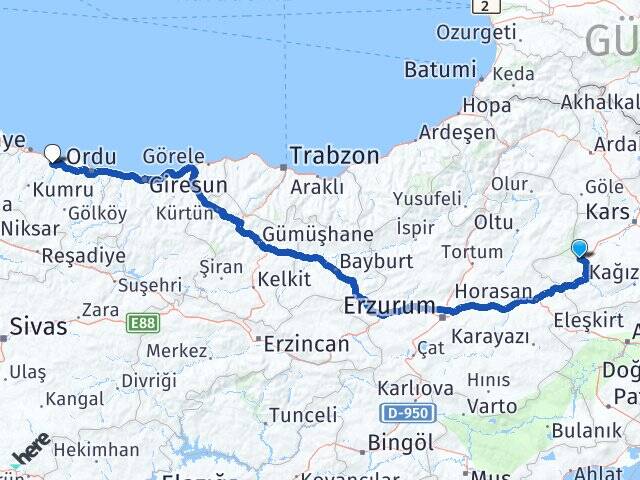 Kars Sarıkamış Fatsa Ordu Arası Kaç Km - Yol Haritası