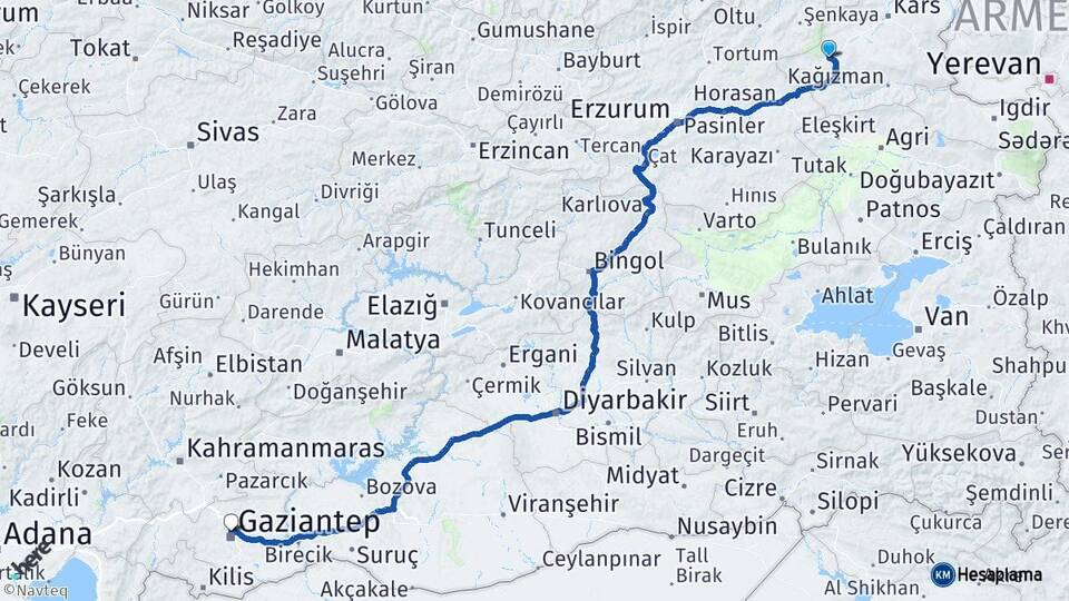 Kars Sarıkamış Gaziantep Arası Kaç Km - Yol Haritası