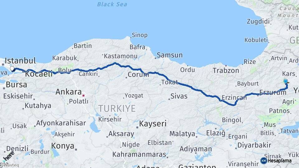 Kars Sarıkamış Gebze Kocaeli Arası Kaç Km - Yol Haritası
