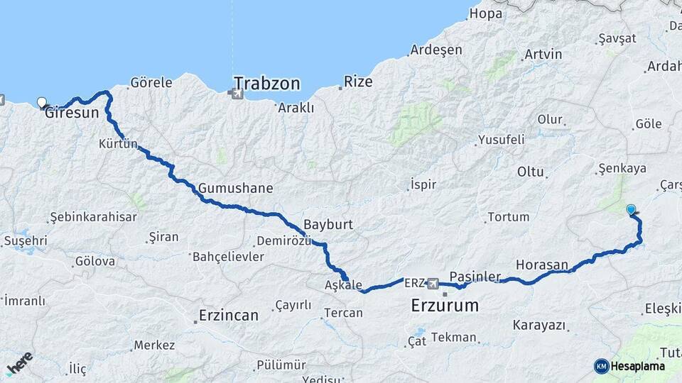 Kars Sarıkamış Giresun Arası Kaç Km - Yol Haritası