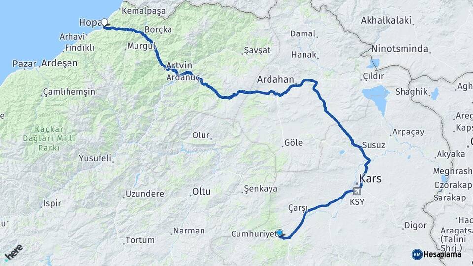 Kars Sarıkamış Hopa Artvin Arası Kaç Km - Yol Haritası