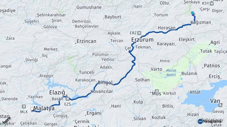 Kars Sarıkamış Malatya Arası Kaç Km - Yol Haritası