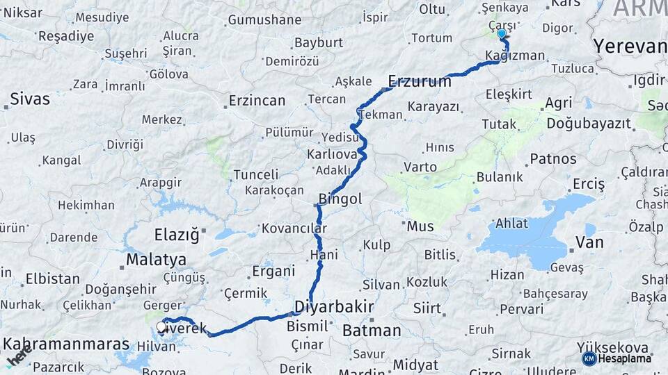 Kars Sarıkamış Menzil Kahta Adıyaman Arası Kaç Km - Yol Haritası