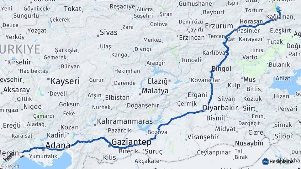Kars Sarıkamış Mersin Arası Kaç Km - Yol Haritası