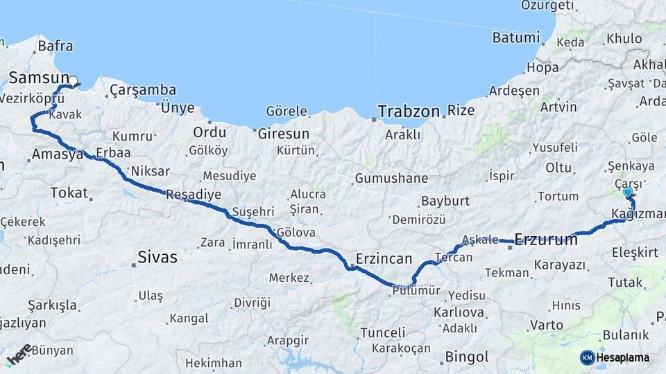 Kars Sarıkamış Samsun Arası Kaç Km - Yol Haritası