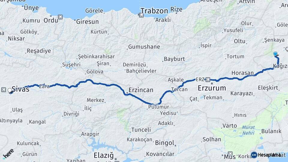 Kars Sarıkamış Sivas Arası Kaç Km - Yol Haritası